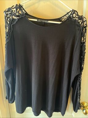 INC International Concepts Black Crochet-Shoulder Knit Pullover